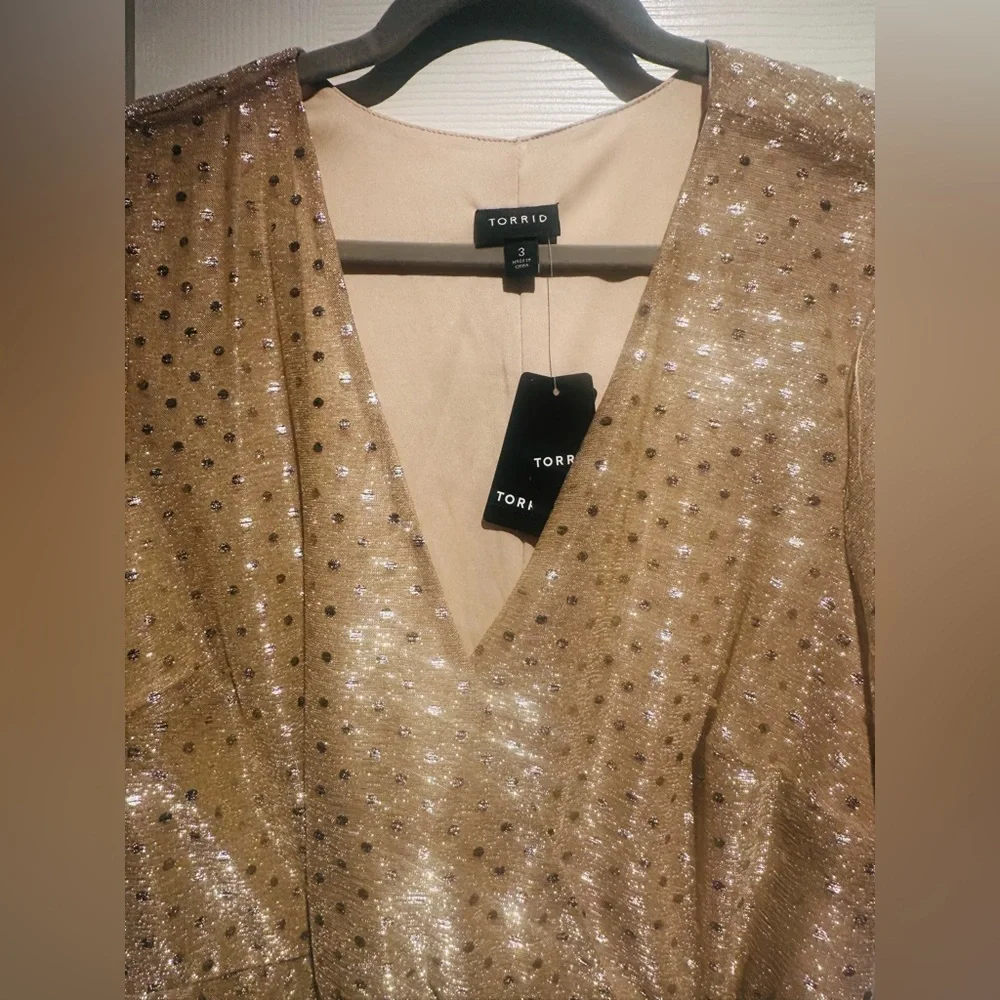 Gold Sequin Polka Dot Mesh Wrap Dress - Picture 4 of 4